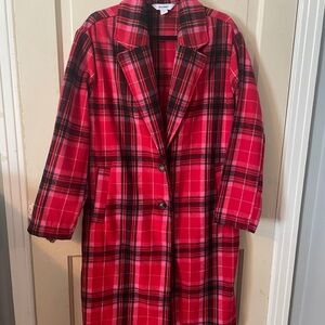 Old Navy Red and Black Trench Coat with Plaid Pattern